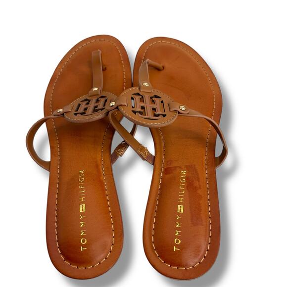 Tommy Hilfiger Logo Sandals Size 10 Brown Litzy T-Strap Flip Flop Flat Thong EUC - Picture 6 of 10